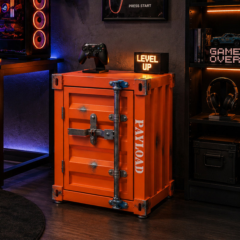 Jearldean Industrial Iron Retro Style Container Side Table With Lock, Orange