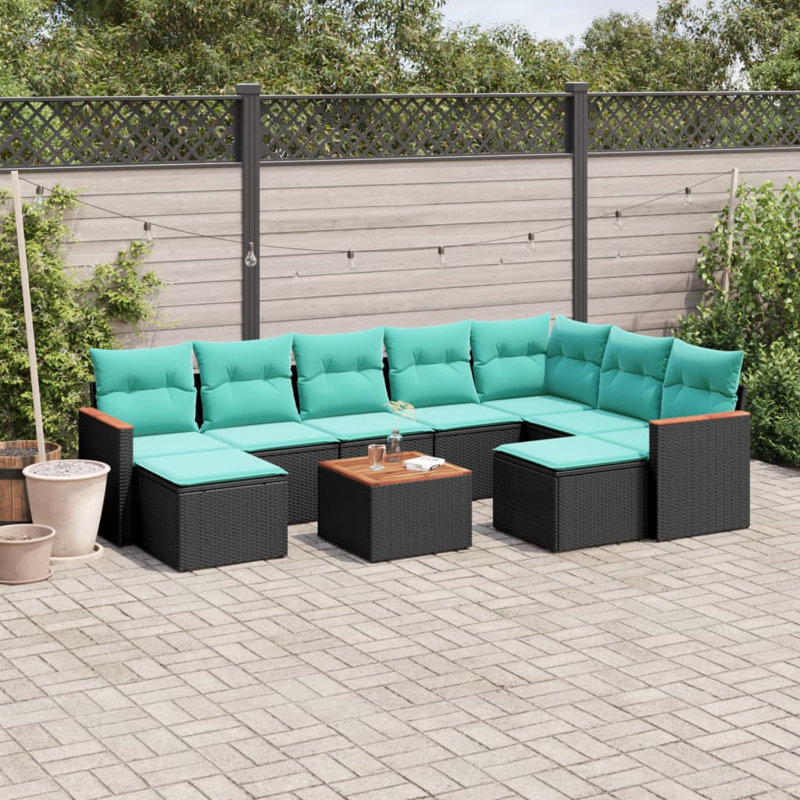 Ensemble de canapé de patio 10 pièces avec coussins en rotin de polyester, Bleu clair, Noir