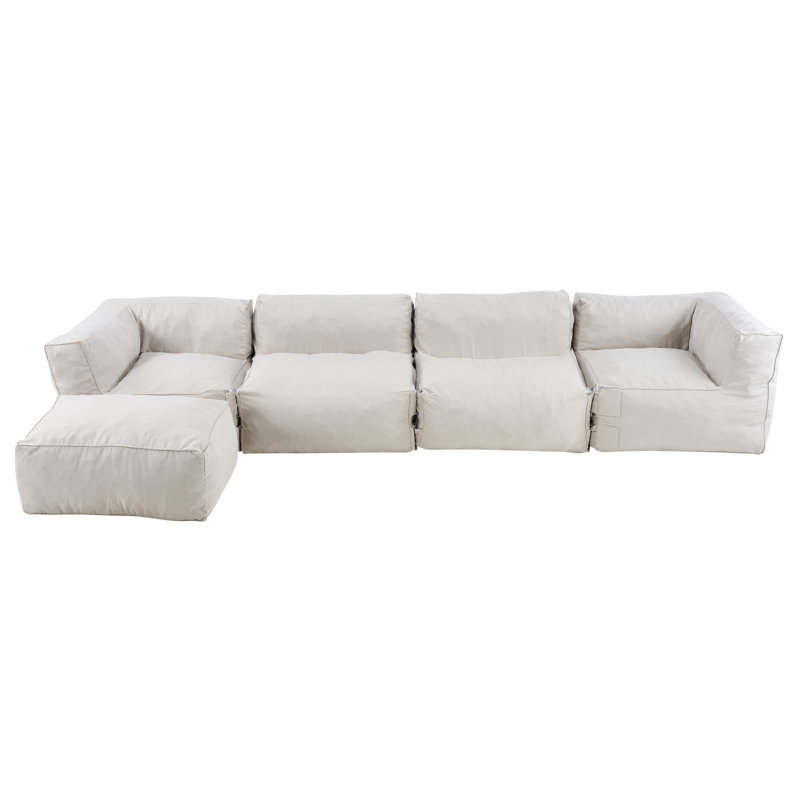 Dael Modern Coastal Outdoor Olefin L-Shaped Bean Bag Sectional Sofa With Ottoman, Beige