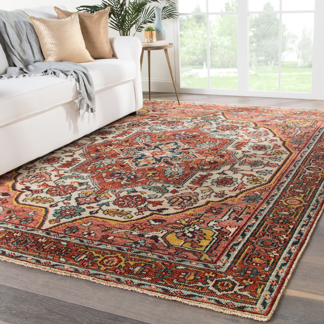 Oriental Hand-Knotted Wool Red/Beige/Black Area Rug Charlton Home® Rug 