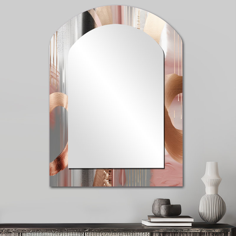 Pink Rosegold Circle Chaos V - Transitional Shapes Asymmetrical Decorative Wall Mirror, Modern Arch Mirror, Printed Metal Art