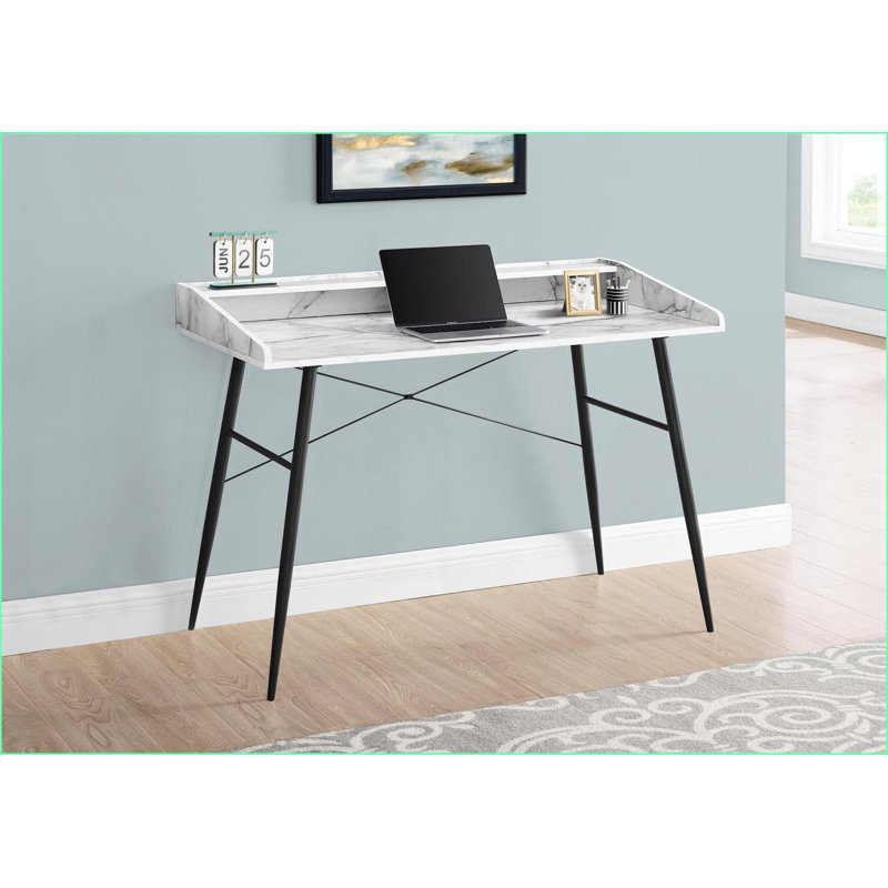 Desks | 48” L Modern Computer Desk with Storage Shelves &amp; Small Hutch | White Marble Look Laminate &amp; Black Metal | White | Particle Board