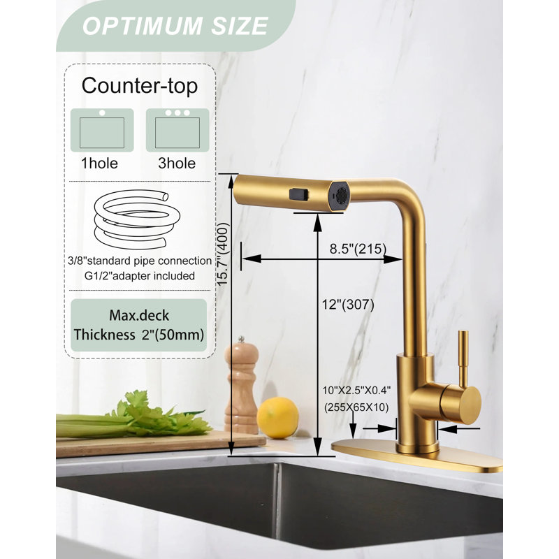 13.5 In. Single Handle Waterfall Pull Down Sprayer Kitchen Faucet With 360° Degree Spout Swivel In Brushed Gold, Gold