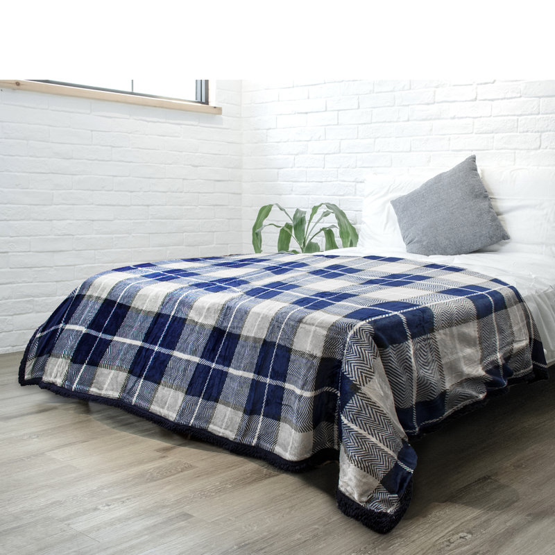 Navy Plaid Reversible Sherpa Fleece Throw Blanket
