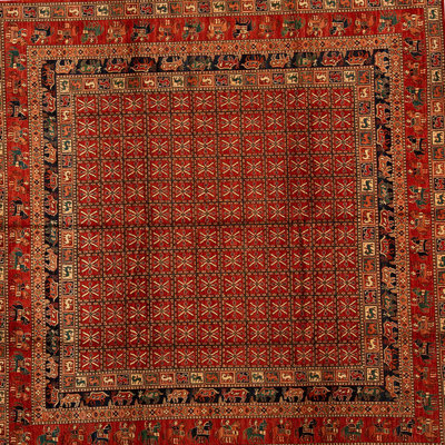 Hand-Knotted High-Quality Red Square Area Rug