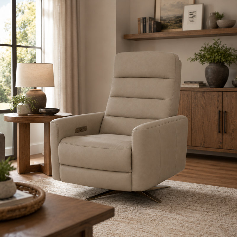 Fauteuil inclinable électrique pivotant en cuir véritable avec support lombaire et port USB , Beige