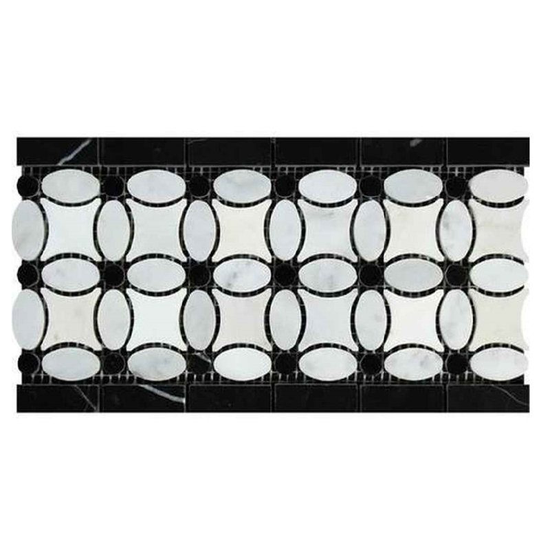 Bordure blanche en marbre blanc 5 3/4 po x 11 1/4 po Carrara, Noir poli