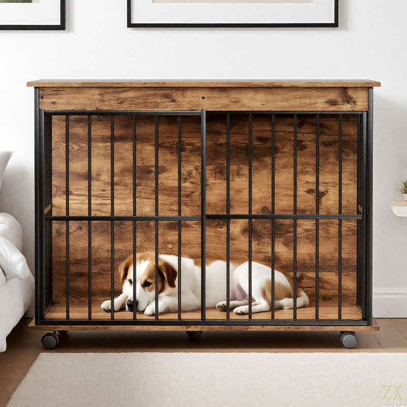 Grand mobilier pour cage de chien avec plateaux et roues, Noyer