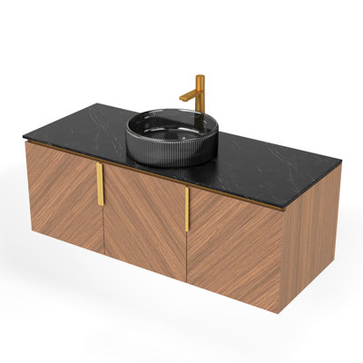 Meuble-lavabo de 48 po en pierre frittée noire, armoire en chêne brun avec textures diagonales symétriques, comptoir de salle de bain haute dureté 48 po, armoire, panneau de porte, contreplaqué de qualité