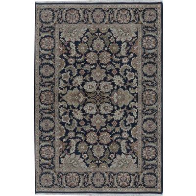Wool Oriental Area Rug in Black/Ivory/Green