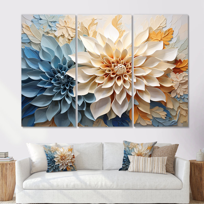 Simple, beige et bleu Dahlia V - ensemble d'art sur toile Dahlia, Toile tendue, H 32 po x l 48 po x P 1 po