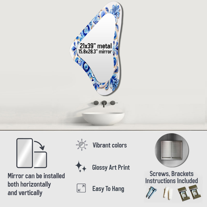 Floral Mosaic Tiles Azure Blue - Abstract Tile Modern Wall Mirror In Asymmetrical Shapes