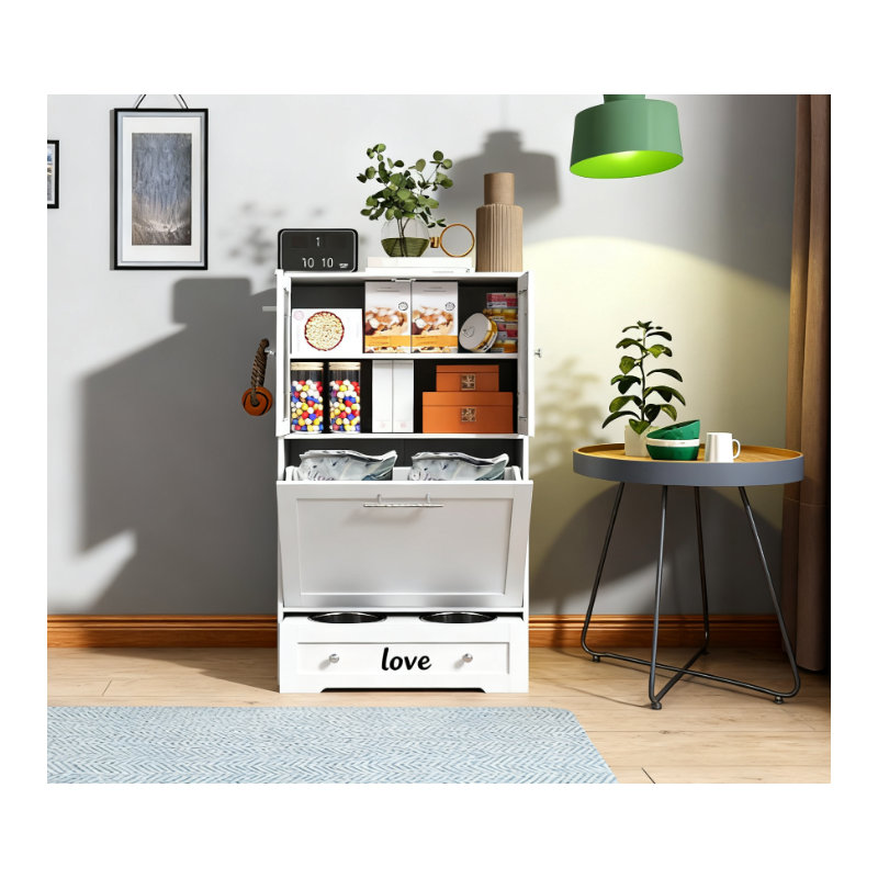 Mangeoire surélevée pour chien avec armoire de rangement et bols, blanc