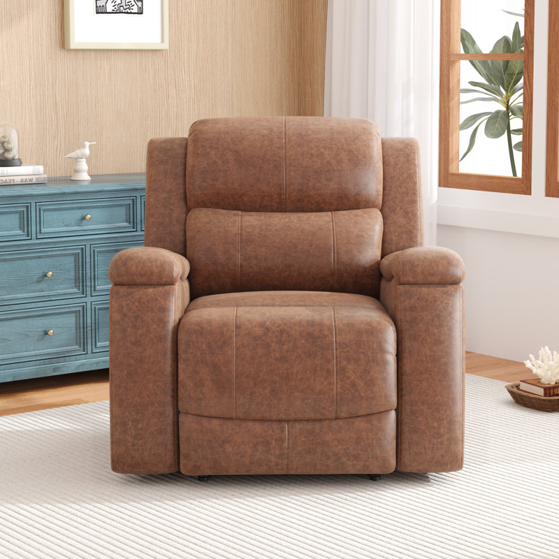 37'' Modern Vegan Leather Wall-Hugging Power Recliner Invisible Cup Holders, Soft Padding, Brown