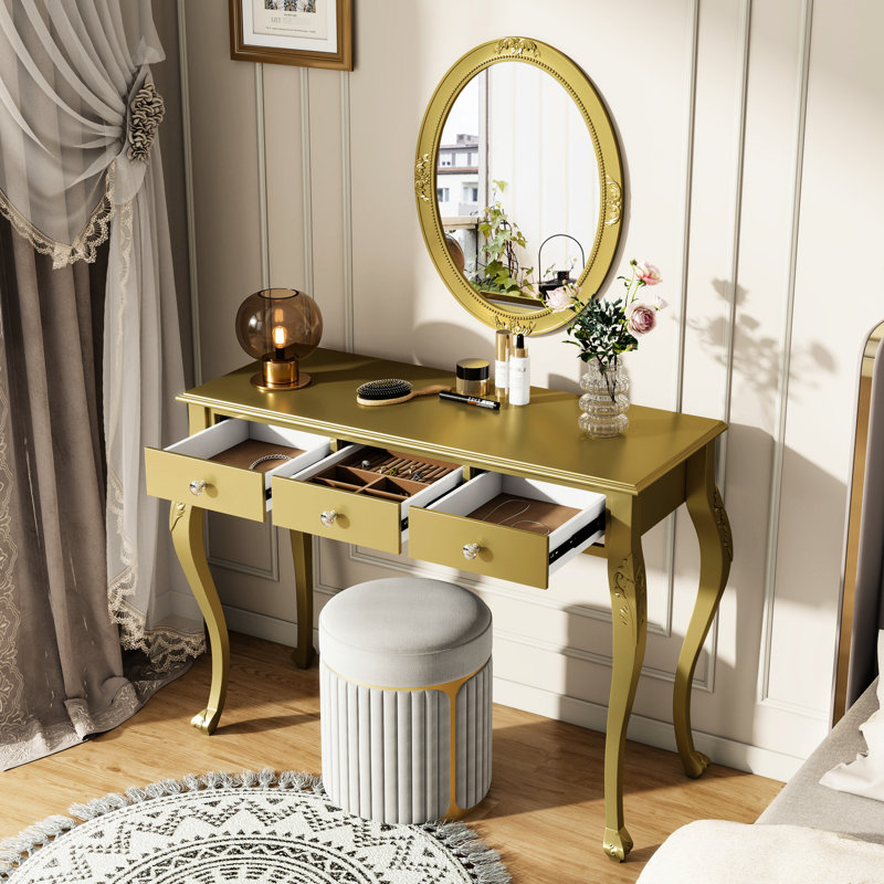 Coiffeuse de luxe dorée avec miroir ovale et 3 tiroirs de rangement, parfait pour les bijoux de maquillage, console de meuble-lavabo de fabrication élégante de haute qualité, matériau