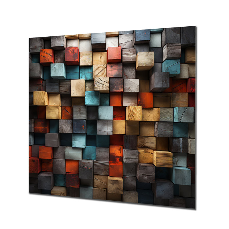 «Blue and Red Abstract Cubes IV - Abstract Cubism», reproduction d'art murale en métal, H 36 po x l 36 po