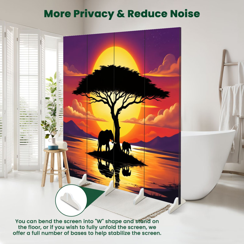 Cloison pliante 4 panneaux Royal Elephants Silhouetted Against Vibrant Sunset Tree Reflection Toile Séparateur de pièce, 4