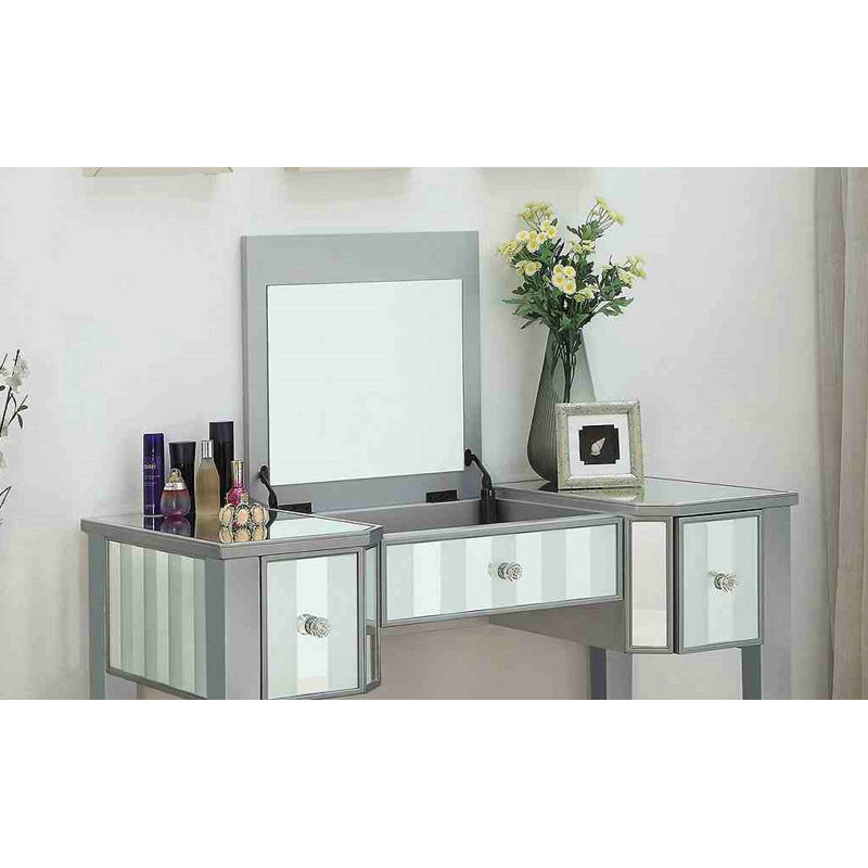 Transitional Style  1Pc Vanity W/ Stool Set Core Design Storage Drawers Central Mirror Padded Stool Bedroom Furniture, Silver