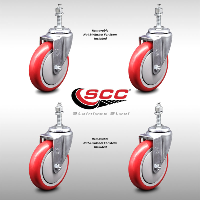 5 Inch SS Polyurethane Wheel Swivel 3/8 Inch Threaded Stem Caster Set SCC, Red