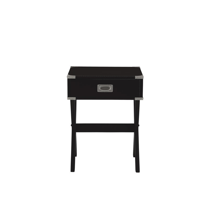 Table d'appoint carrée noire pour le salon - tiroir fonctionnel et fabrication stable avec base moderne en bois en forme de X