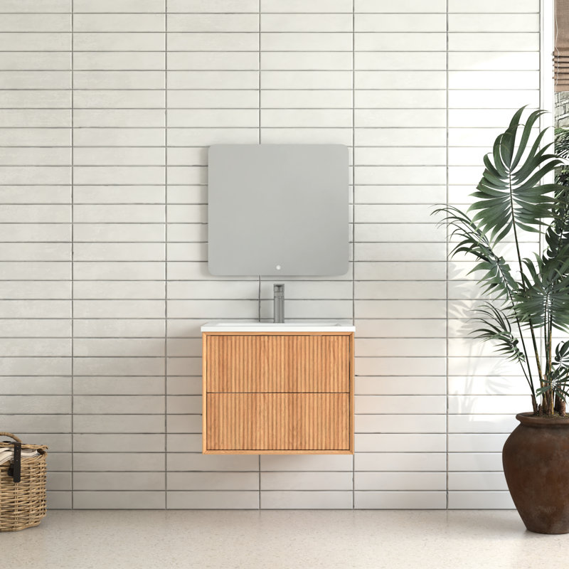 Meuble-lavabo flottant 24 po 24 po, fixation murale en bois massif avec 2 tiroirs, lavabo en résine blanche, conception américaine, armoire de 17,66 po de largeur, lavabo rainuré, style