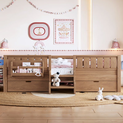Grand lit pour enfants avec escaliers, traverses et lattes, grand lit au sol Montessori avec bibliothèque et 2 tiroirs de rangement, structure de lit Montessori facile à assembler, naturel