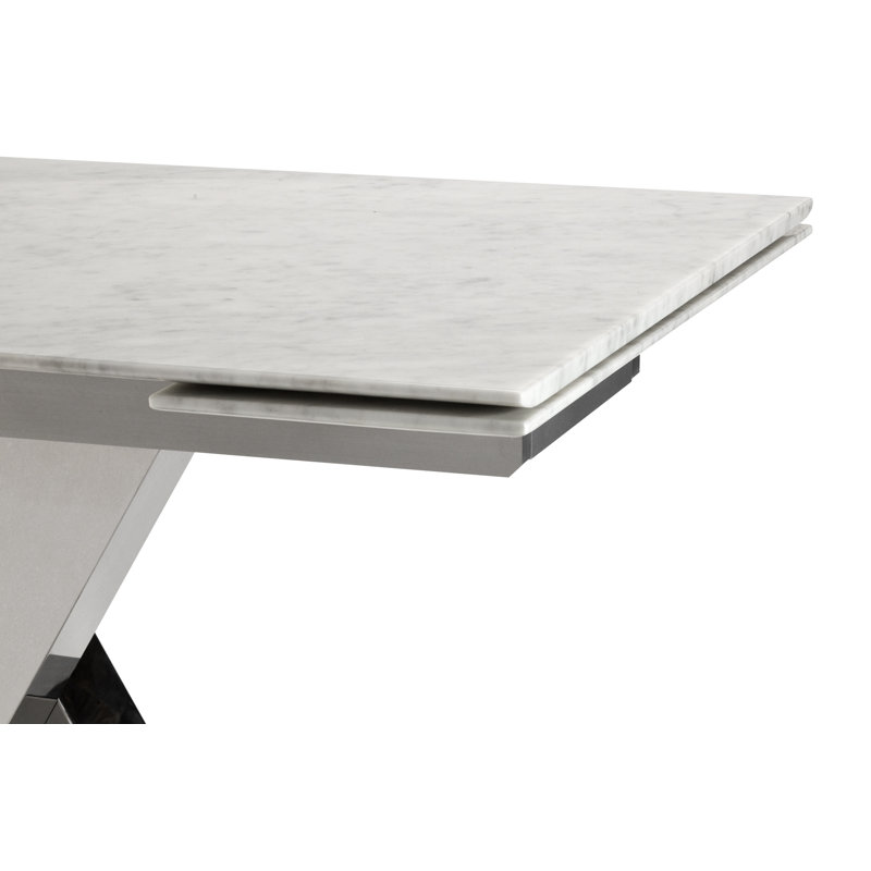 Azriela Extendable Marble Top Metal Base Dining Table, Light Silver