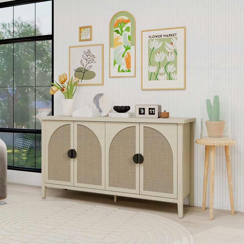 Armoire en rotin à 4 portes avec tablettes réglables, résistante à l'humidité et durable pour la chambre à coucher, le salon et le bureau