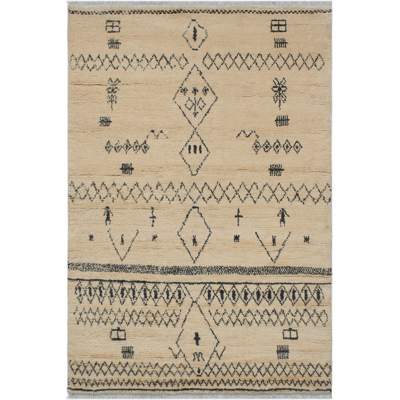 Tapis unique en laine noué à la main style marocain des années 2000 de 5 pi x 8 pi 5 po beige Lovre