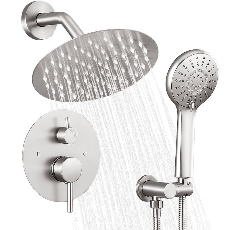 Modern Round Shower System, Rain Shower Head with Handheld Spray, Shower Faucet Set, Brushed Nickel