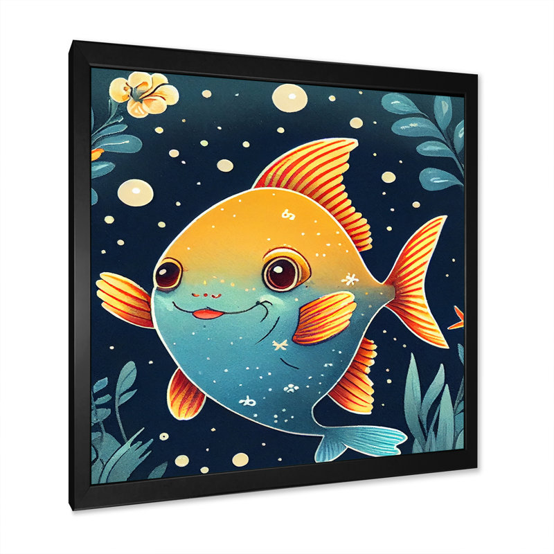 «Kamorah», dessin mignon de poisson en orange et bleu - reproduction sur toile, Impression noire sur toile encadrée
