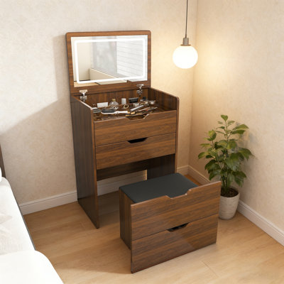 Vanity Desk With Lighted Mirror And One Stool, Flip Top Makeup Table For Bedroom