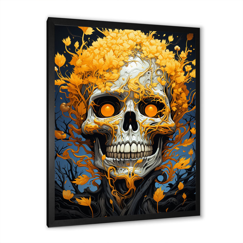"Tête de mort souriante avec fleurs jaunes d'Halloween", reproduction sur toile, Cadre simple noir