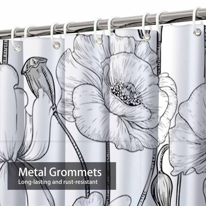 Poppy Sketch Black & White Florals Waterproof Shower Curtain with 12 Hooks, 72" L x 78" W