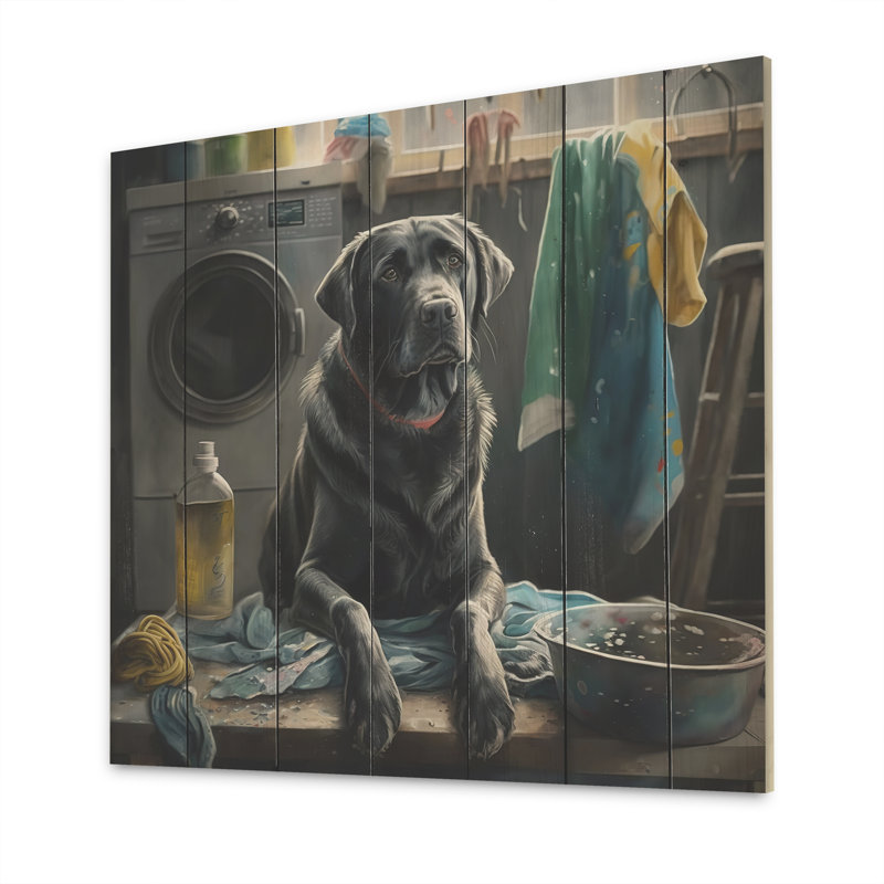 Santrice, chien assis sur la buanderie I - impression sur bois sans cadre, H 36 po x l 36 po x P 1,5 po
