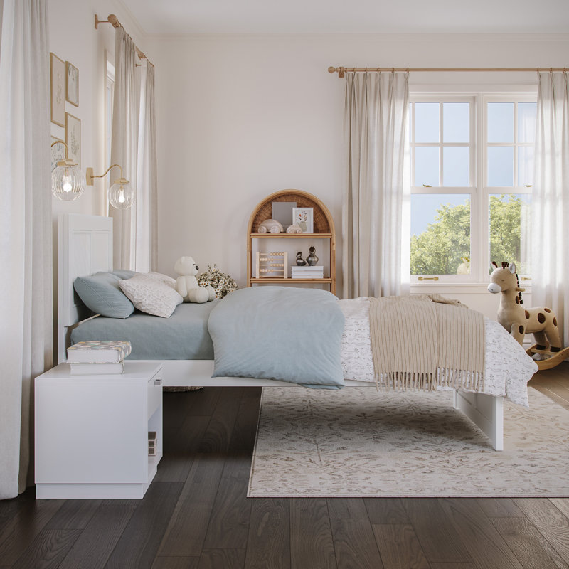  Jeinny Solid Wood Platform Bed with Matching Footboard, White, Twin