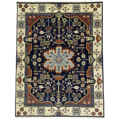 Tapis tribal bleu marine fait à la main 9 x 12 Heriz Serapi