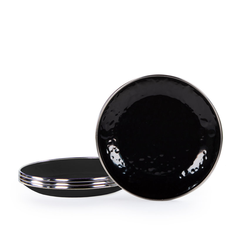 Set of 4 Solid White Appetizer Plates, Solid Black Textured