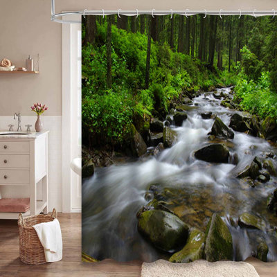 Mountain River Forest Beautiful Green Shower Curtain with 12 Hooks