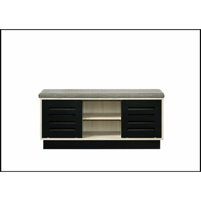 Brio 38.5 Inch Wide Oak Finish Shoe Cabinet With Sliding Doors And Upholstered Top For Entryway Or Bedroom
