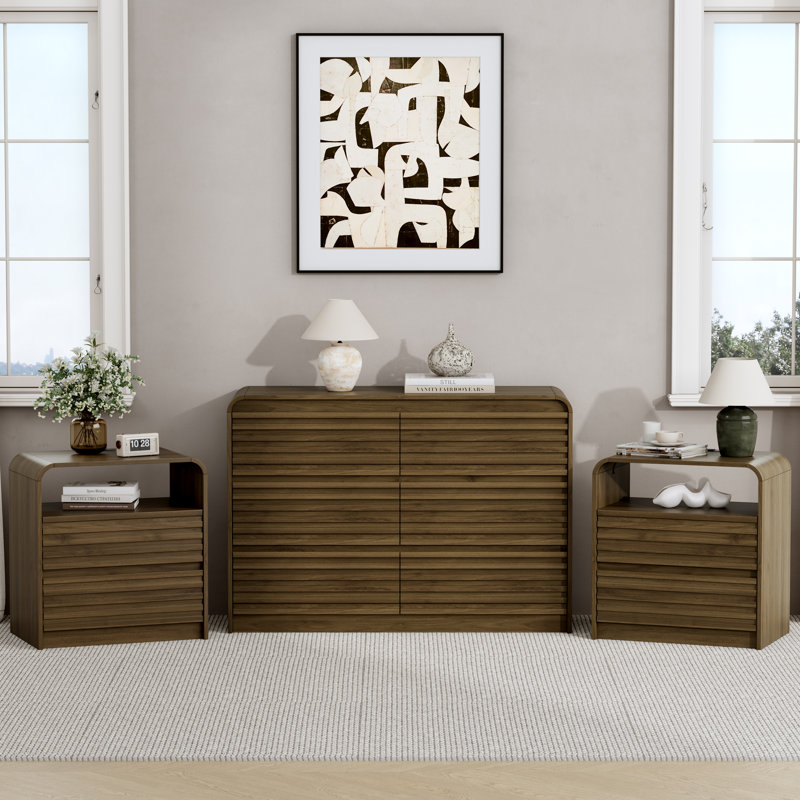 Commode double 47,2 po cannelée à 6 tiroirs, Brun