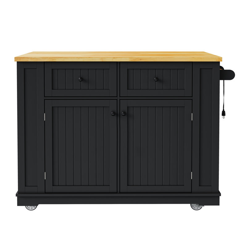 48 Inch Large Kitchen Island With Drop Leaf,Power Outlet,Internal Storage Rack,Rolling Kitchen Storage Cart On 5 Wheels With 5 Open Side Racks,For Kitchen,Dining Room(Not Include Stools)