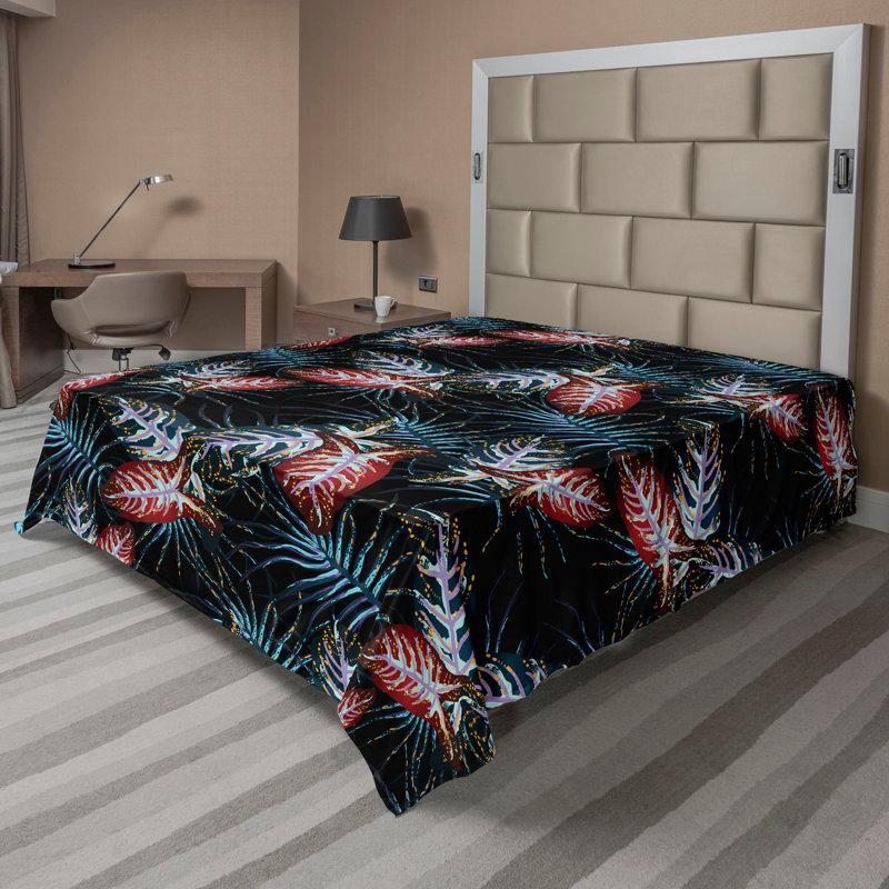 Drap plat à motif floral bohème Ambesonne, Drap plat de taille double, Rubis, bleu ciel profond, noir / abstrait