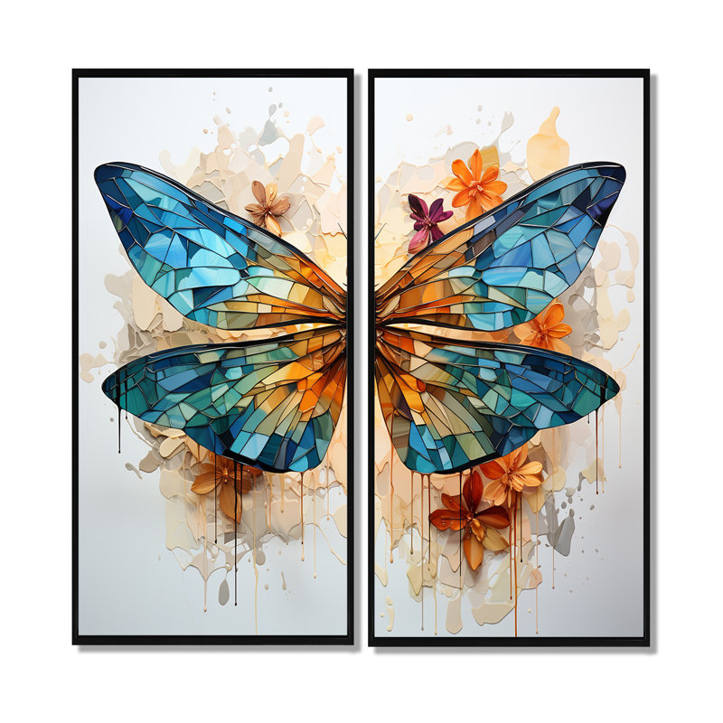 Libellule bleu sarcelle vol éthéré I - ensemble de 2 reproductions d'art moderne sur toile, H 32 po x l 32 po, Noir