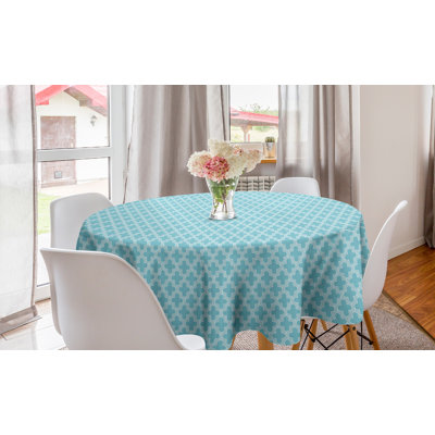 Ambesonne Traditional Round Tablecloth, Oriental Themed Quatrefoil Lattice Like Motif Monochromatic Pattern, Circle Table Cloth Cover For Dining Room Kitchen Decoration, 60", Pale Blue And White