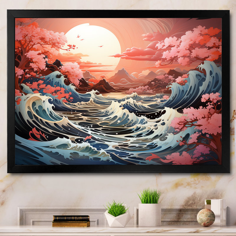 Paysage japonais de tempête océanique II sur toile, Cadre simple noir, H 30 po x l 40 po x P 1,5 po