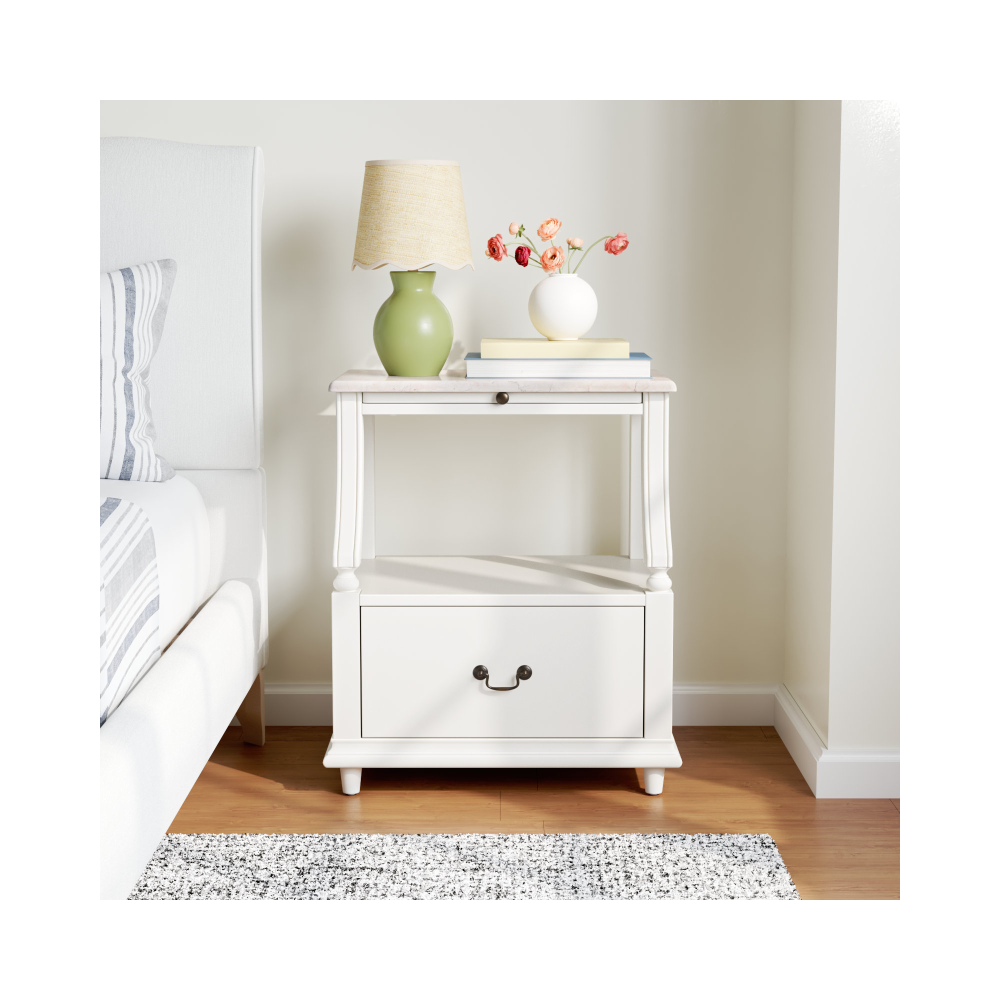 Aberdale 1 - Drawer Marble Top Nightstand, White