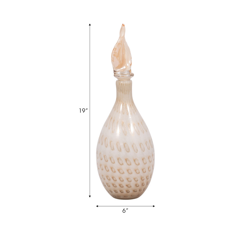 Decorative Teardrop Glass Flower Vase with Leaf Topper Lid for Home Decor - Elegant Tall Table Vase for Living Room and Office Display - Ivory & Tan