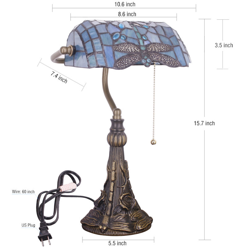 Tiffany Banker Lamp Small Stained Glass Table Lamp Tiffany Style Piano Light Sea Blue Dragonfly Style Desk Lamp Angle Adjustable 10.6X15.7 Inch for Home Office Living Room Bedroom
