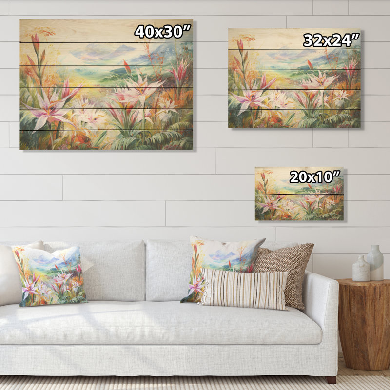 Oiseaux du paradis, fleurs, montagne I - fleurs, art mural sur bois de pin naturel, H 30 po x l 40 po
